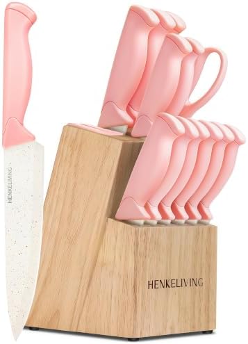 14-Piece Peach Pink Knife Block Set with Built-In Sharpener