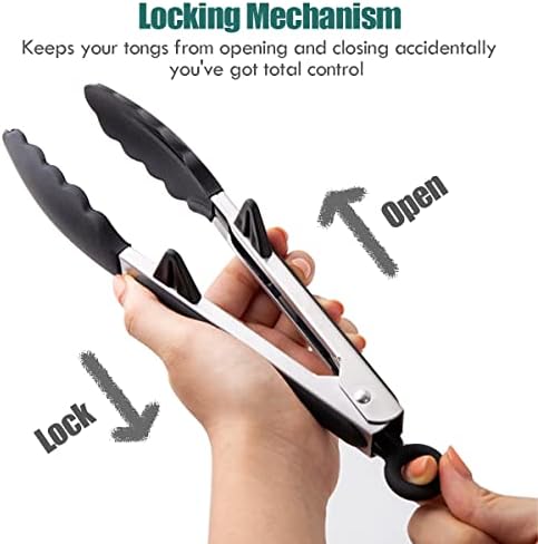 Kitchen Tongs for Cooking with Silicone Tips, 3 Size Serving Tongs, Black