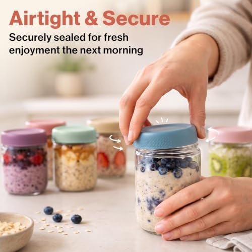 EDELHAUS Overnight Oats Containers with Lids - Glass Mason Jars, Meal Prep