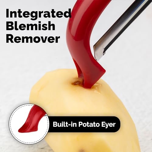 Zulay Kitchen Premium Vegetable Peeler for Kitchen - Swivel Peeler with Razor Sharp Stainless Steel Blades & Strong Ergonomic Handle - Dishwasher Safe, Easy To Use with Blemish Remover - Red