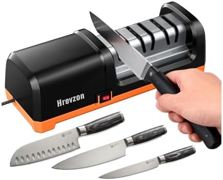 2026 New Electric Knife Sharpener for Kitchen Knives, 3-Stage Professional Automatic Quickly Sharpening/Polishing System with 100% Diamond Abrasives, 20° Precision Angle, Non-Slip Base, Black/Orange