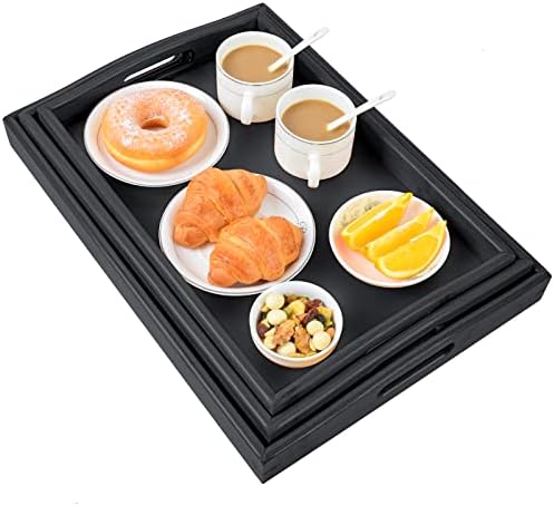3 Pack Bamboo Serving Trays with Handles, Wooden Food Trays (Black