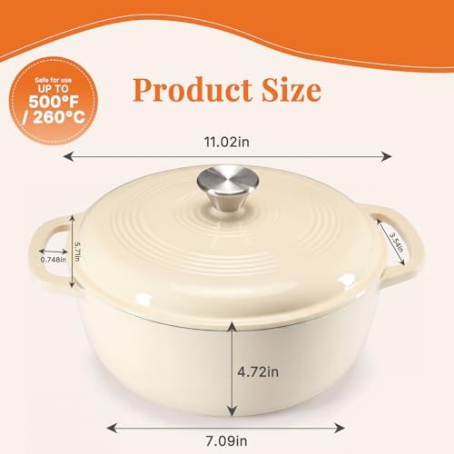 NEWBULIG Cast Iron Dutch Oven, 6 Quart Enamel Dutch Oven Pot with Lid, Heavy Duty Cookware for Sourdough Bread, Braising, Stews, Roasting, Safe up to 500°F, Beige