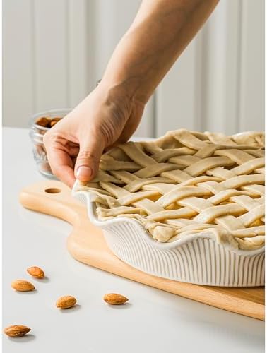 Ceramic Deep Pie Pan for Baking, 11 inch Porcelain Pie Dish for Apple Pie, Oven & Dishwasher Safe, Farmhouse Decor, 48 Ounce Deep Plate for Kitchen, Non-Stick Pie Pans, Embossed Stripe