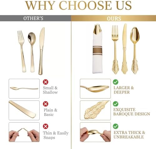 Liacere 400PCS Gold Plastic Silverware-Pre Rolled Napkins Disposable Gold Plastic Cutlery-Premium Quality Utensils-Includes 100Forks,100Knives,100Spoons,100 Napkins & Thanksgiving & Fall Party