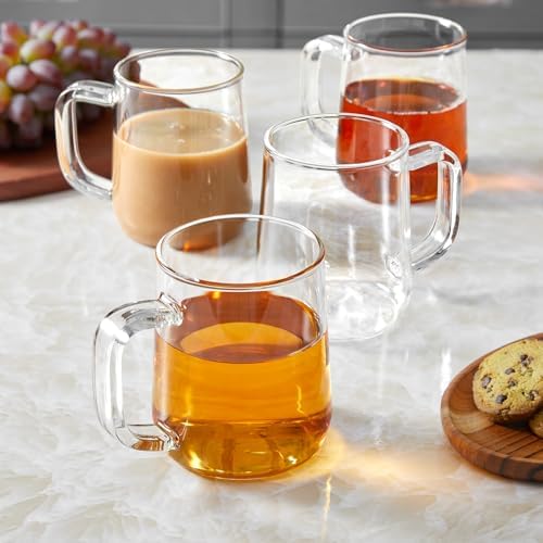 Glass Coffee Mugs, 14 oz Glass Coffee Cups Set of 4, Clear Borosilicate Glass Mugs with Handles for Cappuccino, Tea, Latte, Hot/Cold Beverages, Wine, Americano