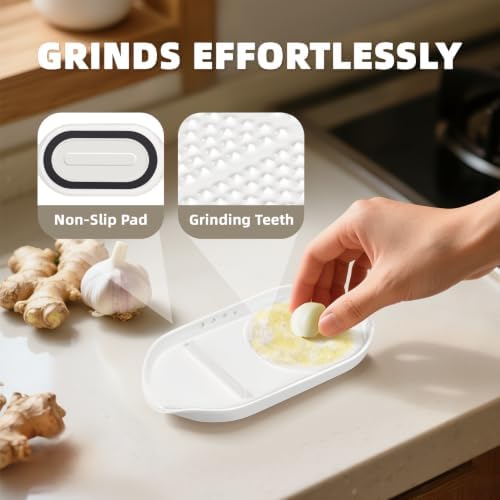 Luvan Garlic Grater Plate, 4 in 1 Ceramic Egg Cracker, Spoon Rest, Herb Stripper Bowl for Kitchen, Porcelain Garlic Ginger Grater with Brush & Silicone Pad for Grinding Wasabi, Ginger, Garlic, Cheese