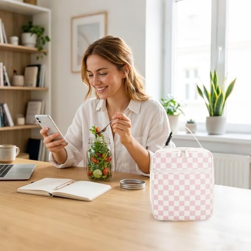 Lunch Box for Women Men Adult Insulated Lunch Bag Women Men Small Reusable Lunchbox for Work Picnic Travel (Beige-Pink Plaid)