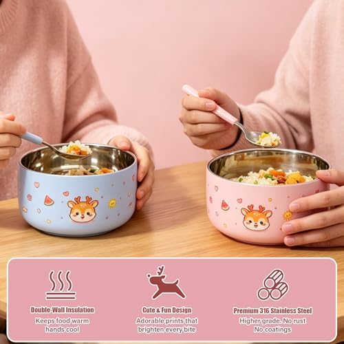 316 Stainless Steel Bowls for Kids 5 Inch - 33oz Toddler Bowls 2-Pack with Cute Animal Print, Non Toxic Dishwasher Safe Baby Bowls for Soup Dessert, BPA Free Unbreakable, Birthday Gift - Pink & Blue