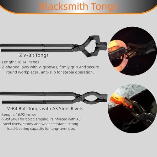 Blacksmith Tongs Set, 17 Inch Carbon Steel Forging Tongs, 2-Piece Professional Blacksmithing Tools for Beginners and Expert Craftsmen