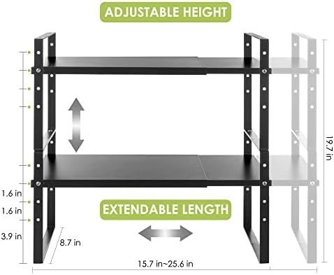 Across-Star Expandable Cabinet Shelf Organizer Rack, Stackable Kitchen Countertop Organizer Storage Shelves, Adjustable Height Pantry Counter Shelf Riser Spice Rack (Black, 2 Pack)