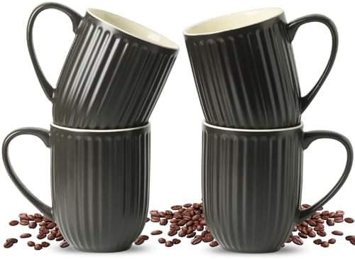 HASENSE 16oz Ceramic Coffee Mugs Set of 4, Black Ribbed Latte Cups with Large Ergonomic Handle, Modern Lightweight, Great for Coffee, Tea & Cocoa, Dishwasher & Microwave Safe