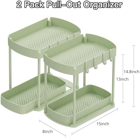 2 Packs Under Sink Pull-Out Storage Organizers, 14.8 Inches, Green
