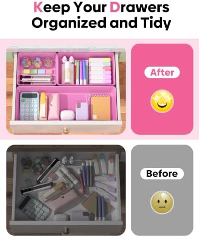 10 Pack Large Size Plastic Drawer Organizers Set, 3 Sizes Desk Drawer Organizer Trays, Storage Bins for Vanity, Makeup, Bathroom, Kitchen Utensils and Office (Pink)