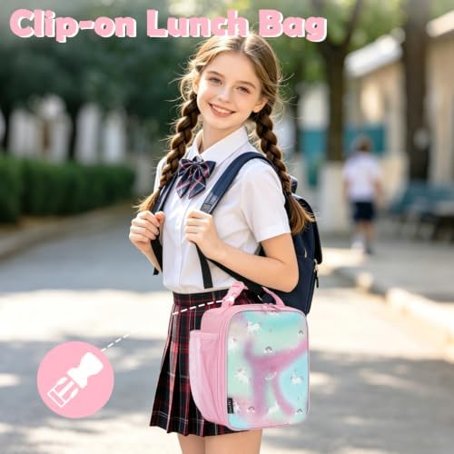 FlowFly Kids Lunch box Insulated Soft Bag Mini Cooler Back to School Thermal Meal Tote Kit for Girls, Boys, Glitter-Unicorn