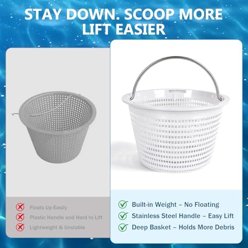 2 Pack Pool Skimmer Baskets Replacement for Inground Pool Compatible with Hayward SP1070 / SP1070E and U-3, Heavy-Duty with 316 Stainless Steel Handle and Built-in Weight for Filtering Debris