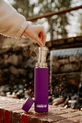 The London Sip Multi-Purpose Travel Mug and Tumbler Fruit Infused Flask Hot and Cold Double Wall Stainless Steel Thermos with Extra-Long Infuser, Purple
