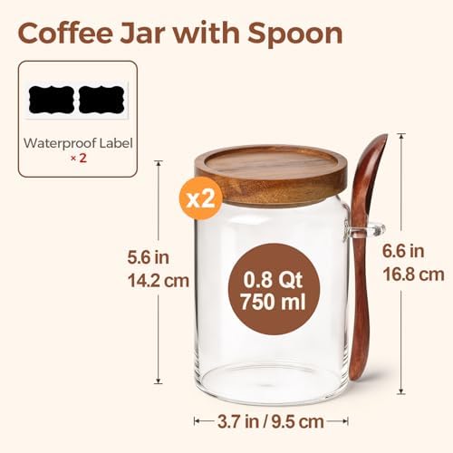 ComSaf Coffee Storage Canister with Acacia Wood Lids & Scoops 0.8Qt 2Pack