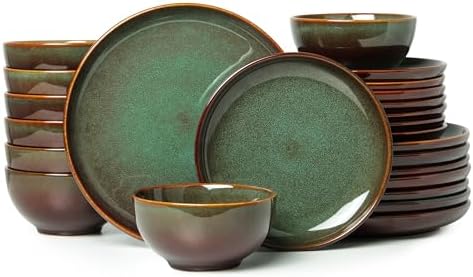 Pokini Stoneware Dinnerware Sets for 8, 24pcs Plates and Bowls Sets Dishes