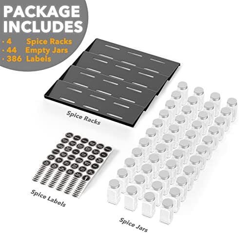 SpaceAid Spice Drawer Organizer with 44 Spice Jars, 386 Spice Labels, 4 Tier Seasoning Rack Tray Insert for Kitchen Drawers, 20.25" Wide x 17.5" Deep