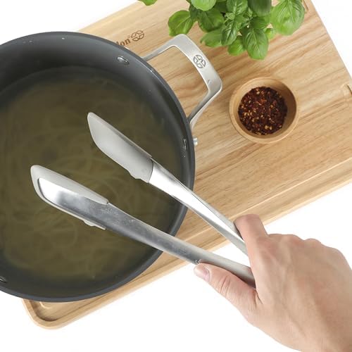 Calphalon Prime Kitchen Tongs, Kitchen Clamp Tongs, Grilling Tongs, 12-Inch Stainless Steel Tongs with Taupe Silicone Head High-Heat Resistant Locking, Ergonomic Balanced Control