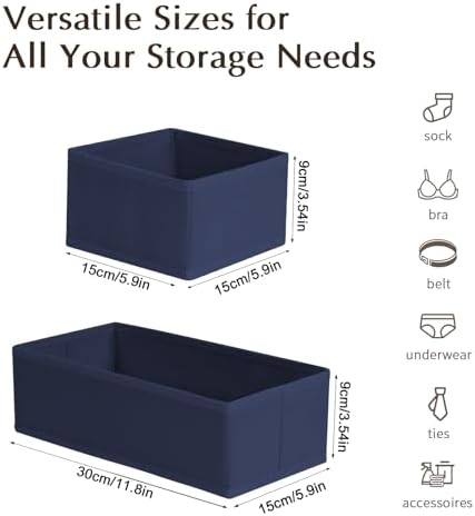 DIMJ Drawer Organizers Clothes, Set of 12 Dresser Organizer Bins, Fabric Closet Organizers and Storage, Shallow Drawer Dividers for Nursery, Clothing, Baby Clothes, Socks, Underwears, Tie (Navy Blue)