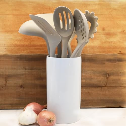 Beille 6pc Beech Wood and Silicone Kitchen Utensils Set Cooking Baking Supplies Home Essentials, Light Grey