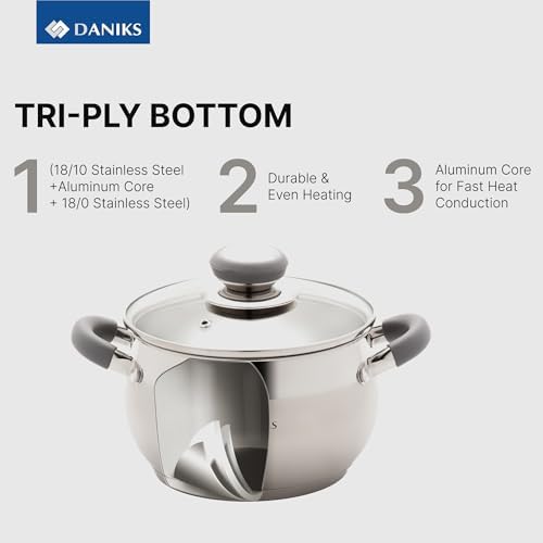 Daniks Modern 6-Piece Stainless Steel Cookware Set with Glass Lids, Tri-Ply Bases for Even Heating, Induction Compatible, Dishwasher Safe, Heatproof Handles