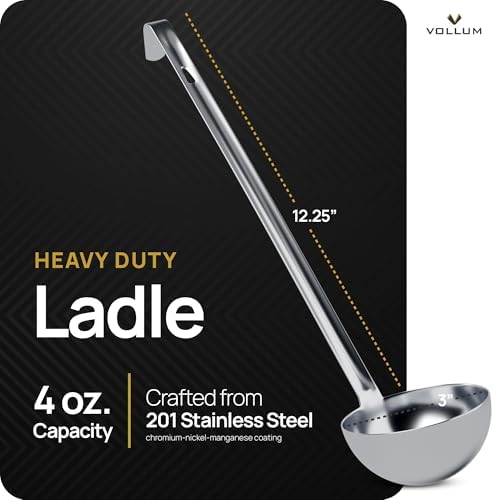 Vollum 1-Piece Stainless Steel Ladle - Heavy Duty Commercial Thick Stainless Steel - 4 Ounce (3.1" Bowl Diameter, 12.25" Handle Length)