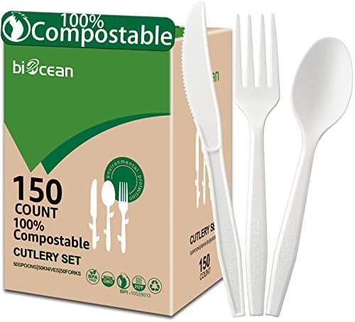 100%Compostable No Plastic Knives Disposable Forks Spoons Plastic Utensils, The Heavyweight Heavy Duty Flatware is Eco Friendly Products for Lounge Party Wedding BBQ Picnic Camping [150 Count]