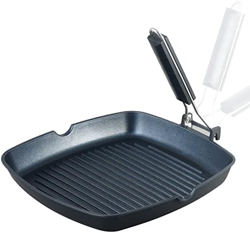 S·KITCHN Grill Pan with Folding Handle, Nonstick Grilling Pan for Stove Tops, Induction Compatible Square BBQ Pan with Pour Spouts - 11 in
