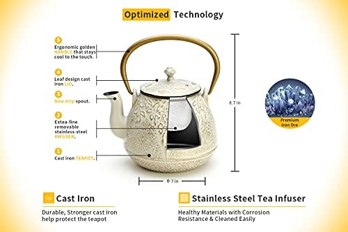 Tea Kettle, TOPTIER Japanese Cast Iron Teapot with Infuser for Loose Leaf and Tea Bags, Stovetop Safe Cast Iron Tea Kettle Coated with Enameled Interior for 40 oz (1200 ml), Beige