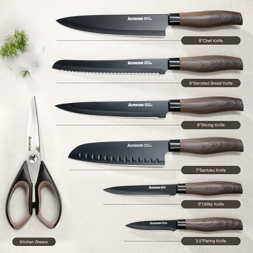 Astercook Knife Set, 13-Piece Kitchen Knives Set with 6 Blade Guards, Black Anti-Rust & Non-Stick Coating, Dishwasher Safe Stainless Steel Knives, Ergonomic Handle, Perfect for Holiday Gifts