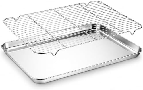 Onader Baking Cookie Sheet with Cooling Rack, 19⅝ x 13¾ Inch Stainless Steel Large Baking Sheet Pan with Wire Rack Set for Oven, Nonstick & 1 Inch Deep, 1 Pan + 1 Rack