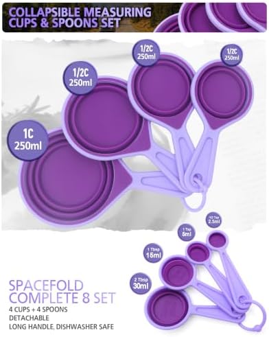 Collapsible Measuring Cups and Spoons Set, 8-Piece, Silicone, Space Saving