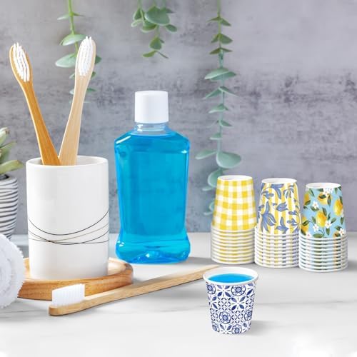 RUSPEPA 3 oz Bathroom Cups, Summer Disposable Paper Cups - 100 Pack Set Yellow Blue Lemon Plaid Printed - Mini Mouthwash Rinse Paper Cups for Home Bathroom, Picnic, BBQ, Travel and Party