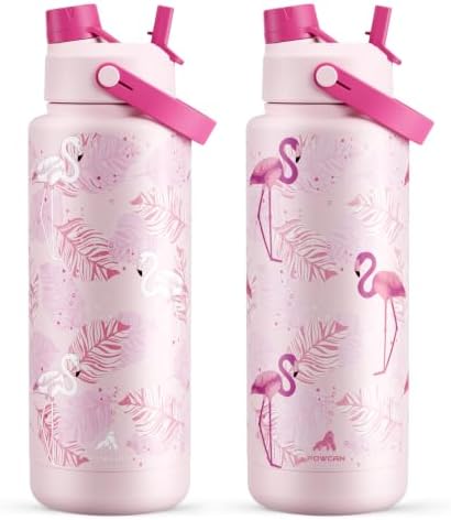 POWCAN 40 oz Insulated Water Bottle with 2-in-1 Straw and Spout Lid, Glow-in-the-Dark, 24H Cold, Leakproof, BPA-Free, Double Wall Stainless Steel for Sports, Gym, Travel, School (Sun-Kissed Flamingo)