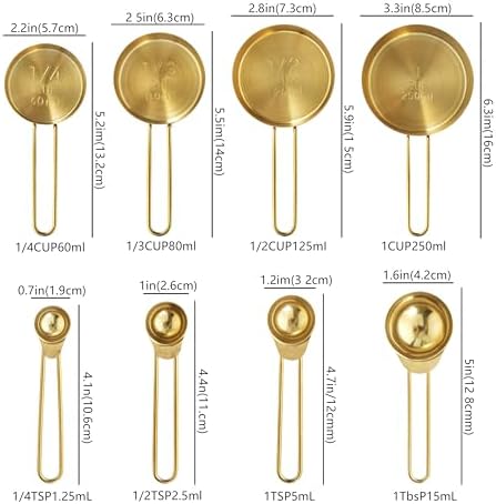 Measuring Cups and Spoons Set, Kaloo 8PCS Stainless Steel Metal Measuring Cups, Gold Finish, Ideal for Cooking and Baking