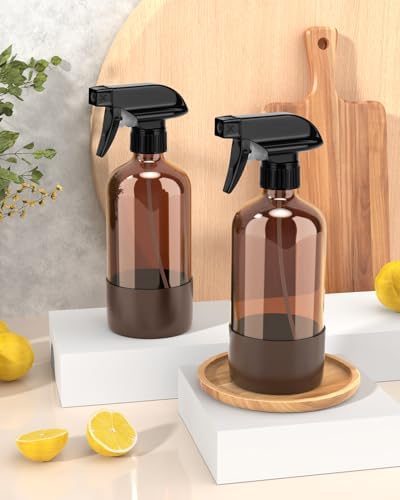 Bontip Glass Spray Bottle with Silicone Sleeve Protection, Amber Glass Spray Bottle Set for Window Cleaner Aromatherapy Facial Hydration Watering Flowers Hair Care 2 Pack/16 oz (Brown, 16 oz)
