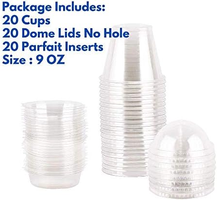 Aatriet 9 oz Clear Plastic Parfait Cups with Insert 3.25oz & Dome Lids No Hole - (20 Sets) Yogurt Fruit Parfait Cups for Kids, for Dips and Veggies, Take Away Breakfast and Snacks. No Leaking