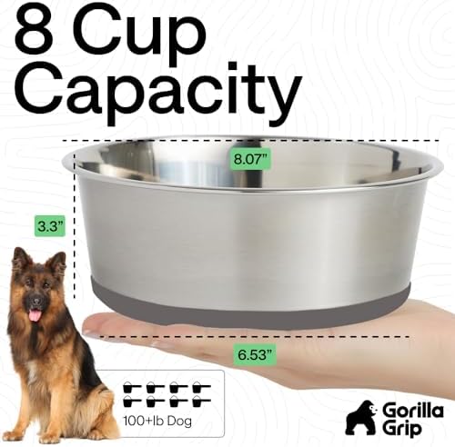 GORILLA GRIP Dog Bowls, Food Grade Stainless Steel, Set of 2, 8 Cup, Gray