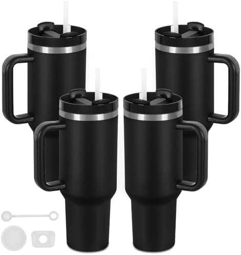 4 Pack 40 Oz Tumbler with Handle Bulk, Double Wall Vacuum Insulated Stainless Steel Tumbler with Lid and Straw, 40 oz cup with Silicone Spill Proof Stopper Set (Black)
