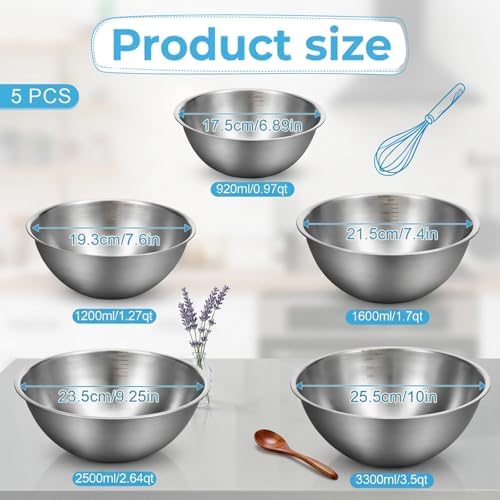 5 Pack Stainless Steel Mixing Bowls with Marks, Heavy Duty Nesting Bowls Set, Food Grade 304, Dishwasher Safe & Stackable for Cooking, Baking, Prepping (1, 1-1/2, 2, 2-1/2, 3-1/2 QT)