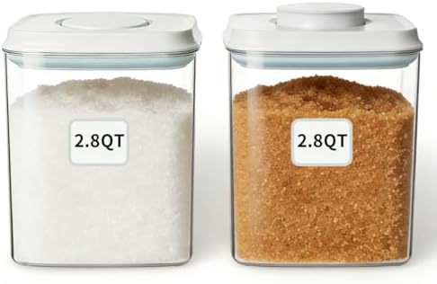 Food Storage Container Set 2.8 Qt ×2 with Lids, Airtight Pantry Canisters, BPA-Free Plastic Flour Sugar Storage Containers, One-Touch Press-to-Open Lids, Stackable Clear Jars for Rice, Cereal, Coffee