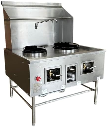 Commercial Chinese Wok Range with Waterfall Natural Gas, 13" +16" 2 Hole Restaurant Stir Fry ETL
