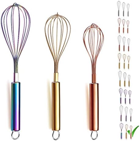 Berglander Colorful Whisks Set - Stainless Steel 8" Gold, 10" Rose Gold, 12" Rainbow Wire Whisks for Cooking