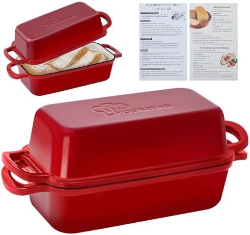 Cast Iron Loaf Pan with Lid 10x5 Inch Enameled Bread Loaf Pan for Sourdough, 2 Piece Set, Red