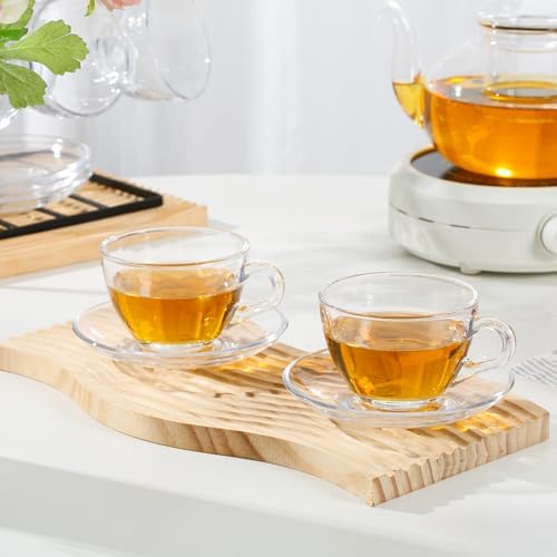 Glass Teacup and Saucer Set, 6 Pack Coffee Mug with Stainless Steel Spoon Suitable for Espresso Juice Cappuccino and More Beverage, 7OZ/210ML, Clear