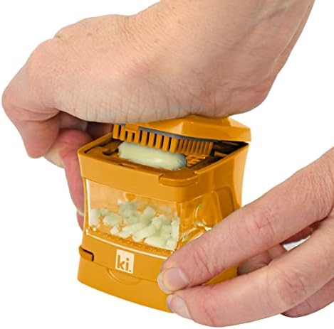 Garlic-A-Peel Garlic Press, Crusher, Cutter, Mincer, and Storage Container - Includes Silicone Garlic Peeler - Easy to Clean - Stainless Steel Blades – (Honey), standard