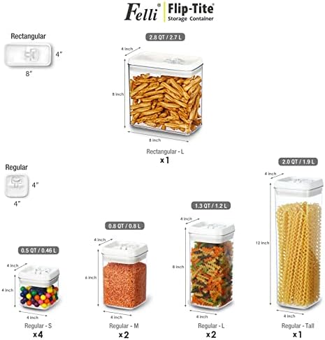 Felli Flip Tite Storage Container with 4 Inch Lid SQUARE & RECTANGLE, Air Tight Ring Seal Top Clear Acrylic Canister Jar, Spice Pasta Cereal Snack Pantry Organizer, Gift Set for Women (10pk, Variety)
